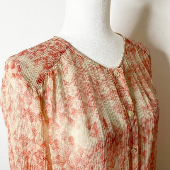 Cabi Women's Emerson Blouse M Silk Orange & Cream Button Up 3/4 Sleeve Sheer 756 - Picture 3 of 8